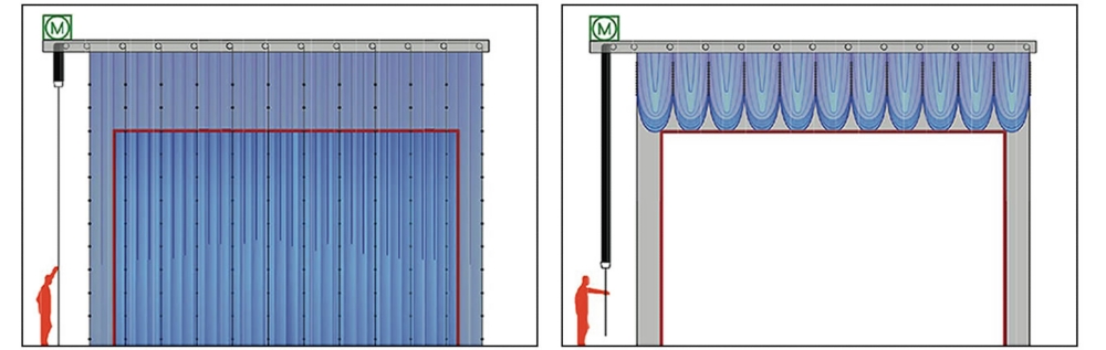 Venetian curtains shown lowered and raised